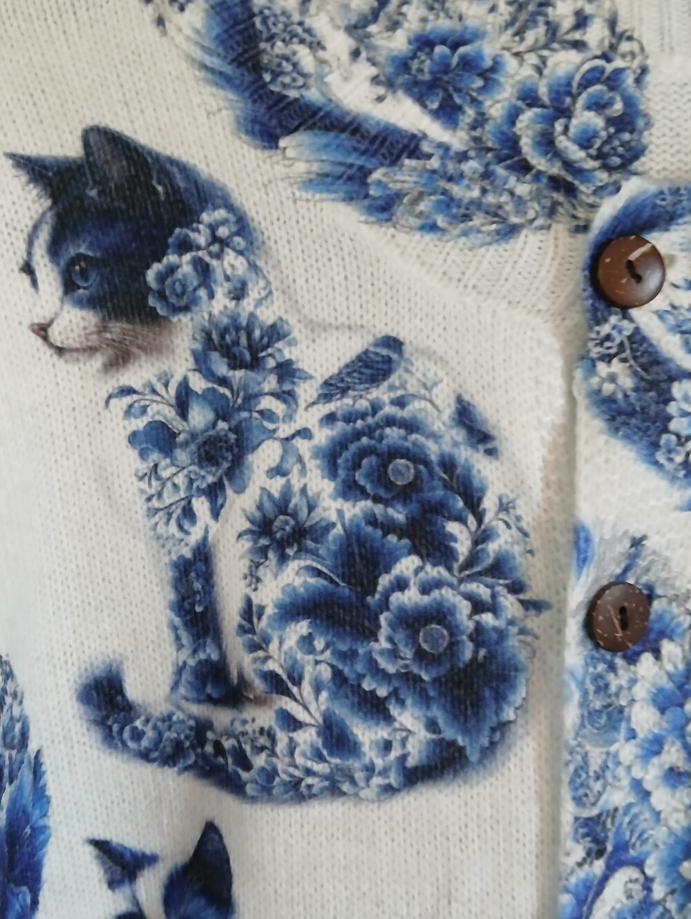 Floral Cat Print Sweater XL Cardigan Colbart Blue On White Soft Novelty